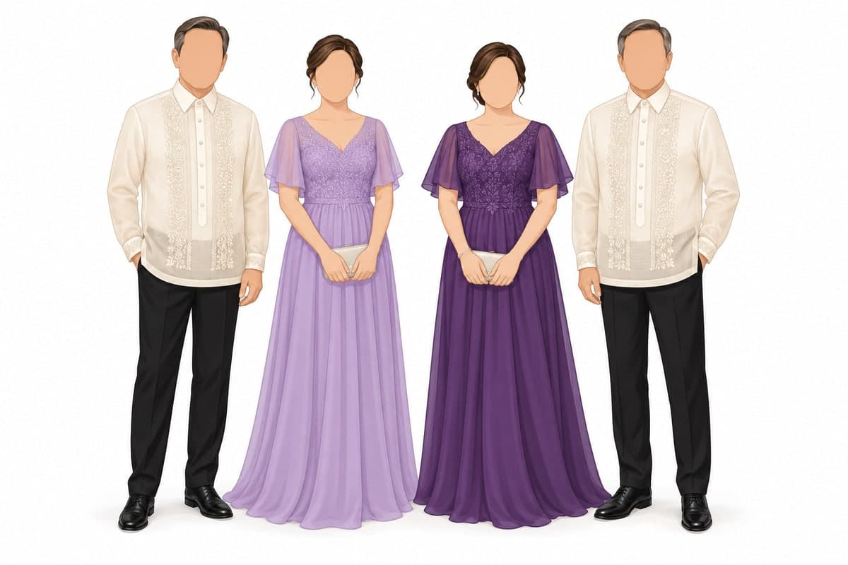 The parents of the bride and groom outfit, as drawn on the attire guide.